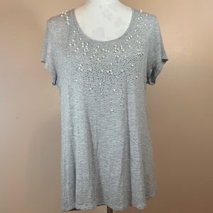 White House Black Market Crew Neck Short Sleeve T-Shirt Large Gray Embellished